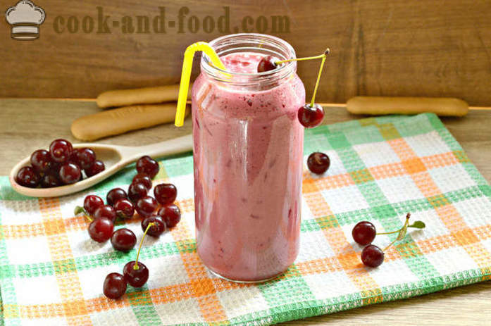 Cherry smoothie i en blender - hvordan man laver en smoothie med mælk og kirsebær i hjemmet, trin for trin opskrift fotos