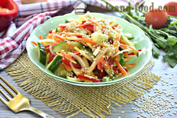Friske grøntsager salat med sesam - hvordan man laver en salat med sesamfrø og grøntsager, med en trin for trin opskrift fotos
