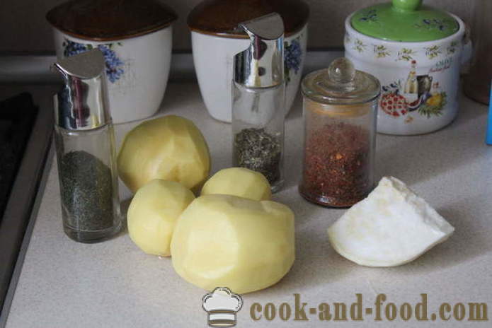 Kartofler og selleri i ovnen - som en velsmagende grøntsag bages i ovnen, med en trin for trin opskrift fotos