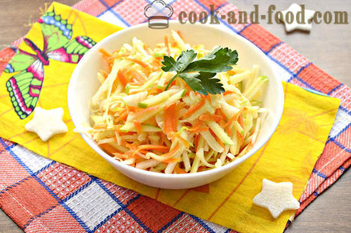 Salat af daikon radise og gulerod, æble og kål - hvordan man forbereder en salat af Kinaradise radise og smør, med en trin for trin opskrift fotos
