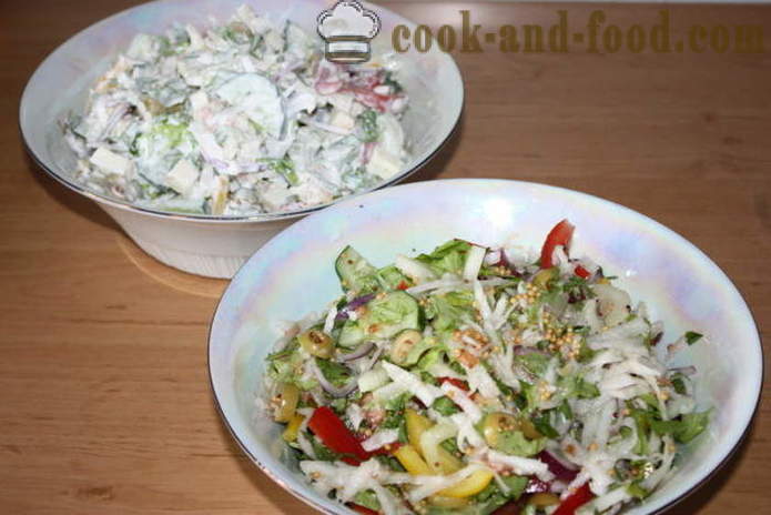 Salat med grøntsager og mozzarella - hvordan man laver en salat med grøntsager og ost, med en trin for trin opskrift fotos
