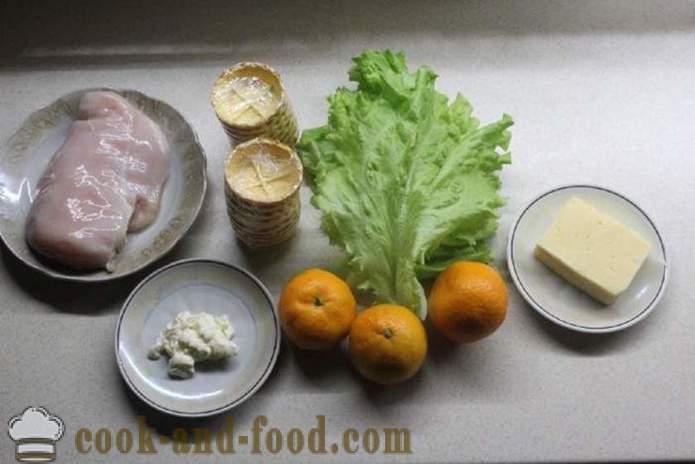 Nytårsdag salat med kyllingebryst og mandarin - hvordan man forbereder en salat med kylling og mandariner, en trin for trin opskrift fotos