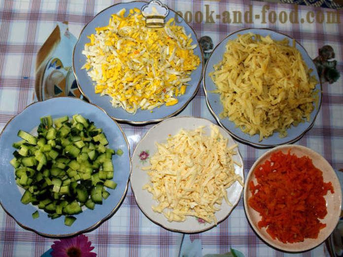 Enkel champignon salat med svampe og ost - hvordan man forbereder en salat med svampe, en trin for trin opskrift fotos