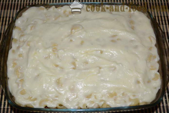 Makaroni gryderet med hakket kød og bechamelsauce - hvordan man kan tilberede pasta gryde i ovnen, med en trin for trin opskrift fotos