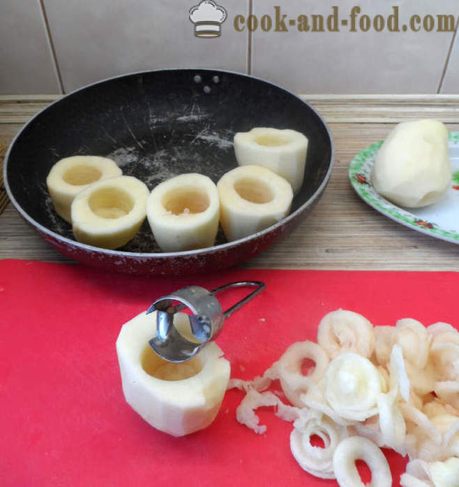 Bagte kartofler fyldt med svampe og ost - hvordan man kan lave mad kartofler proppet med svampe, en trin for trin opskrift fotos