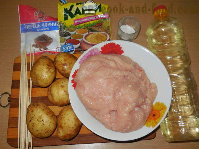 Kartofler med hakket kød bagt i ovnen på spyd - hvordan til at bage kartofler med hakket kød i ovnen, med en trin for trin opskrift fotos