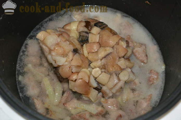 Svinekød med svampe i multivarka som gullasch - hvordan at lave mad svinekød med svampe i multivarka, trin for trin opskrift fotos