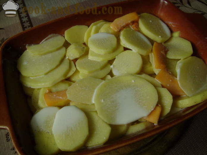 Bagte kartofler med græskar og fløde - hvordan at lave mad kartofler med græskar i ovnen, med en trin for trin opskrift fotos