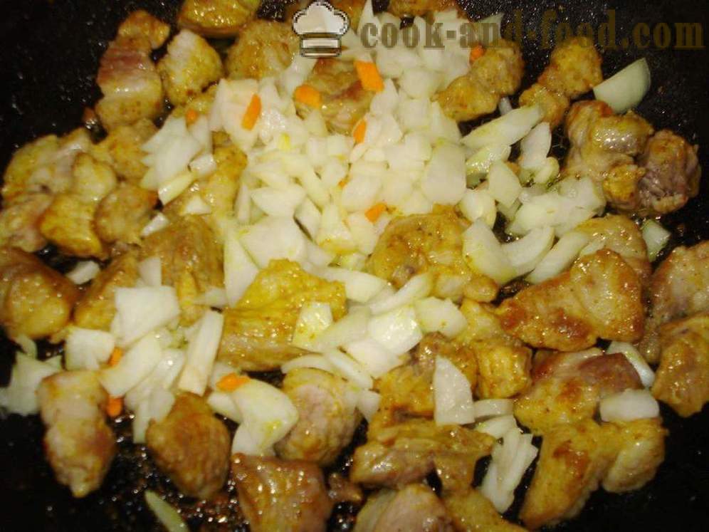 Pilaf i en pande med svinekød - hvordan man laver risotto med svinekød på en pande, en trin for trin opskrift fotos