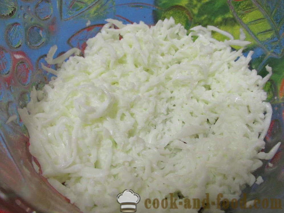 Mimosa salat med dåse og smelteost - hvordan man forbereder en salat med Mimosa Dåse uden olie, en trin for trin opskrift fotos