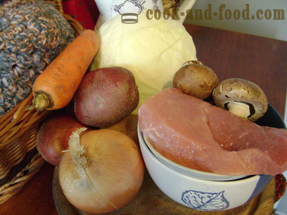 Braiseret kål med kartofler, kylling og svampe - både velsmagende til at lave mad for trin opskrift fotos stuvet kål, trin