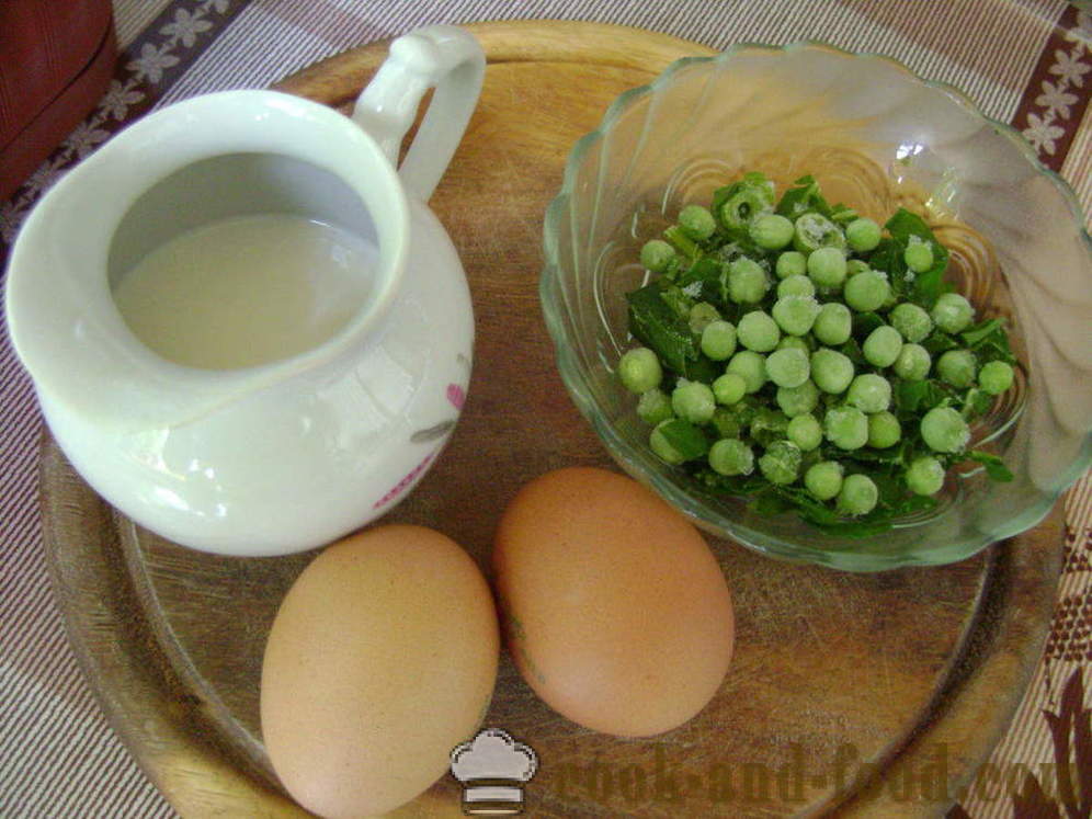 Frodige røræg med mælk, spinat og ærter - hvordan man laver en fluffy omelet i en gryde, med en trin for trin opskrift fotos