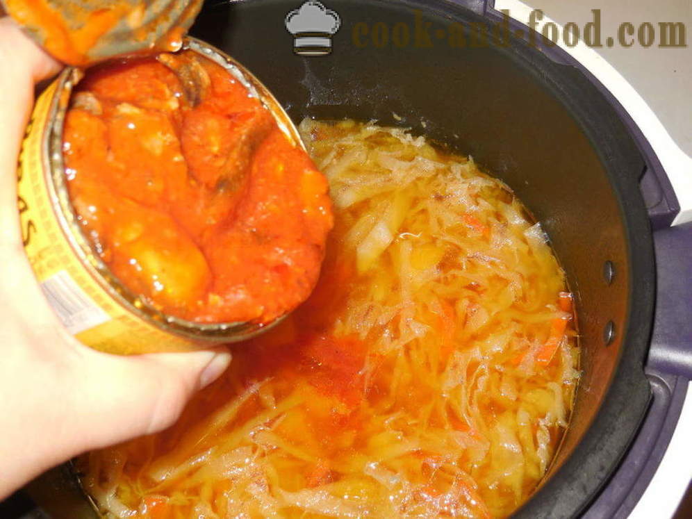 Grøntsagssuppe med sardiner i tomatsovs i multivarka - hvordan man laver grøntsagssuppe med ansjoser, en trin for trin opskrift fotos