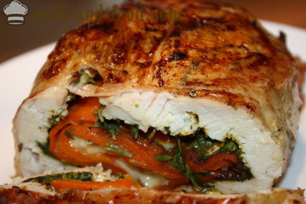 Kylling roll proppet med grøntsager i ovnen - hvordan man kan forberede kyllingefilet roll, skridt for skridt opskrift fotos