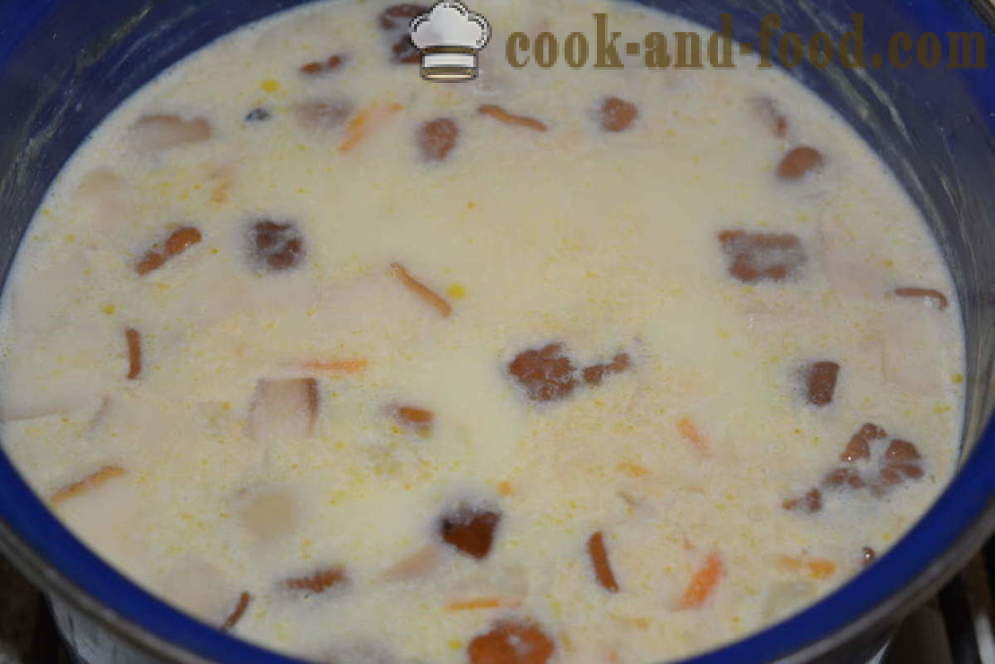 Suppe af hvide friske svampe med flødeost - hvordan man laver champignon suppe med friske svampe og ost, med en trinvis opskrift fotos