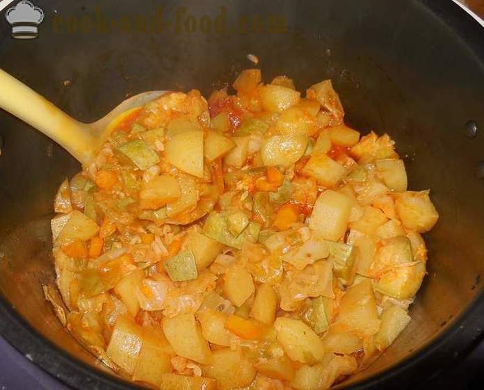 Vegetabilske gryderet med squash, kål og kartofler i multivarka - hvordan man laver vegetabilske gryderet - opskrift trin for trin, med fotos