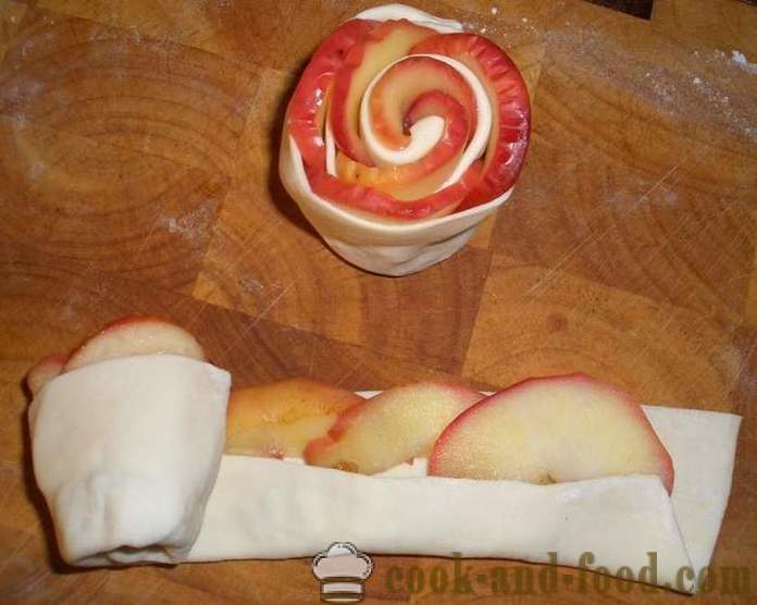 Rose kage af butterdej og æbler under sneen af ​​pulveriseret sukker - opskriften i ovnen, med fotos