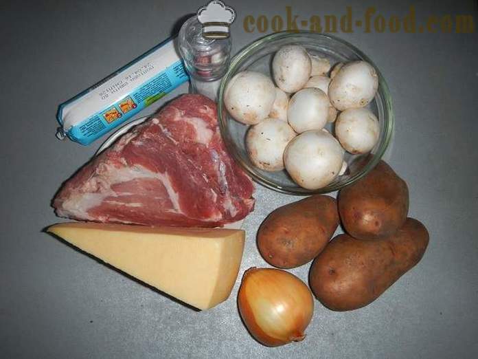 Kartofler i fransk i ovnen - et foto-opskrift, hvordan man tilbereder kartofler i fransk med svinekød og svampe